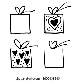 Set of gift boxes for Valentine's Day. Contour handmade doodle drawing. Isolated elements on a white background. Suitable for printing, postcards, patterns. Vector stock illustration.