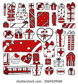 a set of gift boxes for Valentine's day. print for web pages, postcards, background. doodle elements for valentine's day