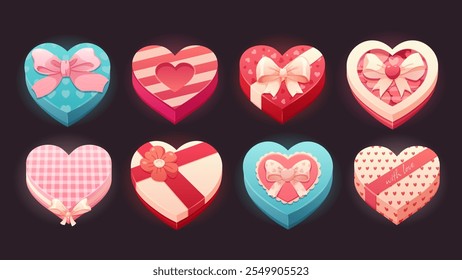 Set of gift boxes for valentine's day. Colorful heart shaped boxes. Vector isolated illustrations