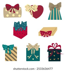 Set of gift boxes, vector clip art on white background, set of colorful gift boxes of different shapes