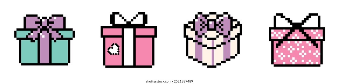 Conjunto de cajas de regalo Ilustración vectorial con lazo y cinta. Presente la caja. Pixel Elementos de diseño de arte. Iconos de píxeles audaces y groovy. Juego de Elementos abstractos. Etiquetas engomadas pixeladas juguetonas de moda Y2k