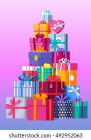 Set of gift boxes vector. Stack of presents in various bright, striped, spotted boxes tied colored ribbons. Beautifully wrapped surprise. Illustration for decoration, event management companies ad