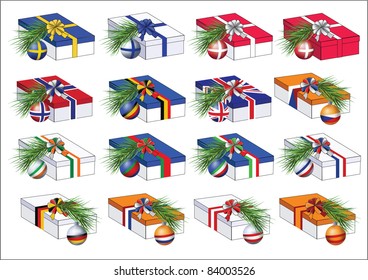 Set of gift boxes wrapped by ribbons in colors of some european countries flags. With christmas tree branches with spheres of the same countries flags on them.