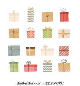 Set of gift boxes in wrapping paper with ribbon isolated on white background. Merry Christmas and Happy New Year design. Flat vector illustration 