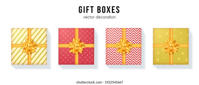 Set of gift boxes with yellow ribbon and bow tie. Wrapping paper with different pattern. Vector 3d illustration. Flat lay, top-down view