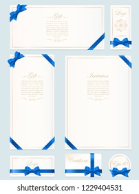 Set gift card, certificate and voucher on light background. Gift bow with blue ribbon and space for text. Template for voucher, invitation, gift, banner, certificate or poster design.