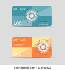 Set a gift card featuring a planet with plexus and connections. - vector