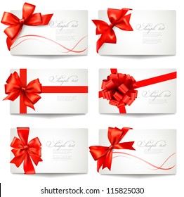 Set of gift card notes with red  bows and ribbons Vector