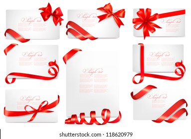 Set of gift card notes with red bows with ribbons. Vector illustration.