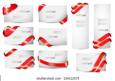 Set of gift card notes with red ribbons. Vector illustration.