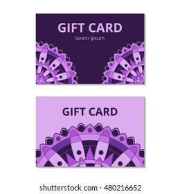 Set of  gift card  templates with abstract elegant round decorative elements. Purple background. Islam, Arabic, Indian, ottoman motifs. Editable vector illustration. 