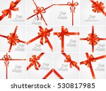 Set gift card vector illustration on white background, luxury wide gift bow with red ribbon and space frame for text, gift wrapping template for banner, poster design. Simple cartoon style Flat design