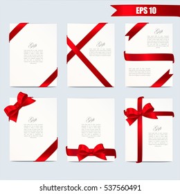 Set gift card vector illustration on white background. Wide gift bow with red ribbon and space for text. Template for voucher, invitation, gift, banner, certificate or poster design. Realistic style.