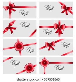 Set gift card vector illustration on white background, luxury wide gift bow with red ribbon and space frame for text, gift wrapping template for banner, poster design Simple cartoon style Flat design.