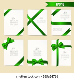 Set gift card vector illustration on white background, luxury wide gift bow with green ribbon and space frame for text, gift wrapping template for banner, poster design.