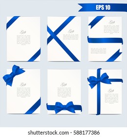 Set gift card vector illustration on grey background. Wide gift bow with blue ribbon and space for text. Template for voucher, invitation, gift, banner, certificate or poster design. Realistic style.