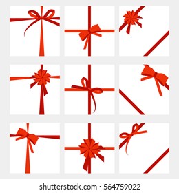 Set of gift card wide present with red ribbon prize wrapping template for banner design vector illustration