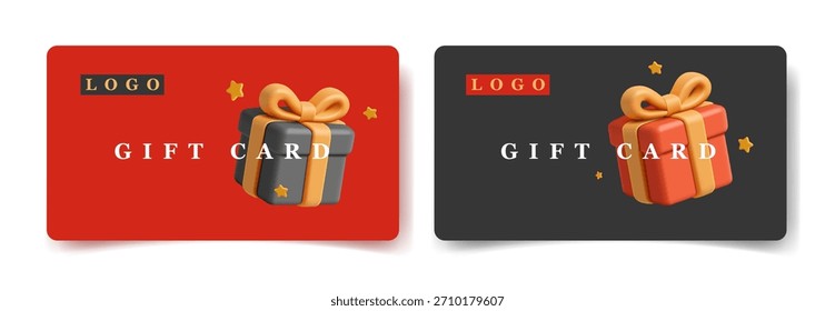 Un conjunto de Tarjetas de regalo, con una caja 3D y un arco. Diseño moderno. Comercio minorista, compras, marketing. Programa de lealtad, tarjeta de bonificación. Saludos de cumpleaños. Ilustración vectorial.