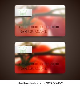 Set of gift cards with blurred background of red tomatoes, vector design