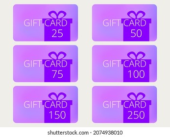 Set of gift cards with gift box. Design template for gift and discount card, marketing products. Cards in denominations: 25, 50, 75, 100, 150, 250. Vector illustration
