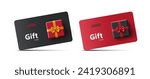 A set of gift cards with a gift box, top view. 3D. Loyalty program, bonus card. For concepts of marketing promotion of goods for holidays, birthdays. EPS 10