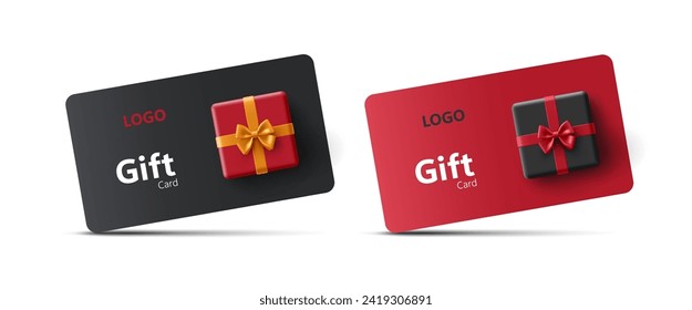 A set of gift cards with a gift box, top view. 3D. Loyalty program, bonus card. For concepts of marketing promotion of goods for holidays, birthdays. EPS 10