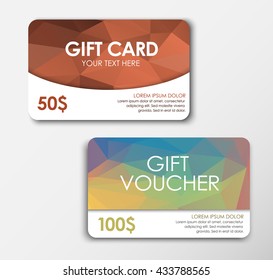 Set of gift cards, bronze and colored polygonal backgraund;  face value of $ 50, 100. Vector illustration.