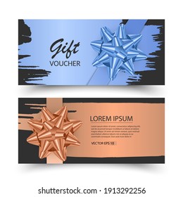Juego de tarjetas de regalo, de fondo oscuro, decoradas con un arco realista y un pincel de pincel. Ilustración del vector
