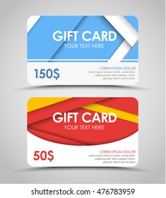 A set of gift cards with a different nominal. a template in style of material design with the sheets of paper soaring in air. Vector illustration.