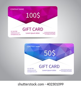 Set of gift cards or discount cards templates with polygonal background. Vector design EPS10