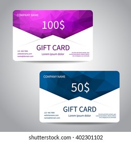 Set of gift cards or discount cards templates with polygonal background. Vector design EPS10