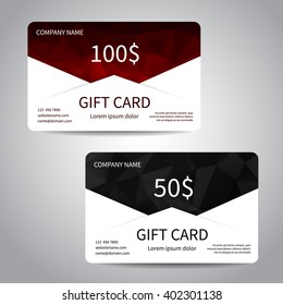 Set of gift cards or discount cards templates with polygonal background. Vector design EPS10