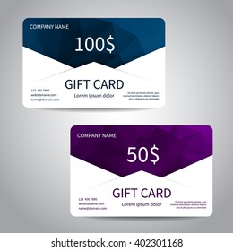 Set of gift cards or discount cards templates with polygonal background. Vector design EPS10