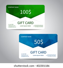 Set of gift cards or discount cards templates with polygonal background. Vector design EPS10