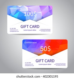 Set of gift cards or discount cards templates with polygonal background. Vector design EPS10