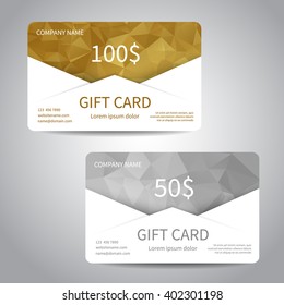 Set of gift cards or discount cards templates with polygonal background. Vector design EPS10
