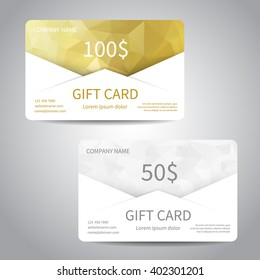 Set of gift cards or discount cards templates with polygonal background. Vector design EPS10