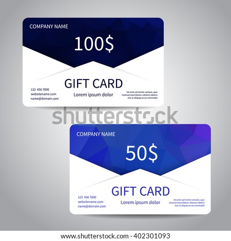 Set of gift cards or discount cards templates with polygonal background. Vector design EPS10
