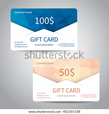 Set of gift cards or discount cards templates with polygonal background. Vector design EPS10