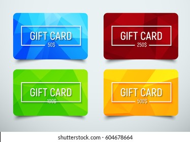 set of gift cards with a frame for text and denomination. Templates with a polygonal abstract background of blue, red, green and orange. Vector illustration