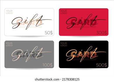Set von Geschenkkarten mit Logo-Ort, Text, Bezeichnung und handgeschriebenes Wort Geschenk. Vorlagen mit verschiedenen Farbkombinationen. Vektorgrafik.