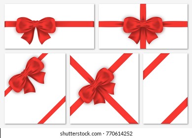 Set of gift cards with luxury red bows. Decorative gift bows with satin ribbons for wrapping, frames, banner, invitation. Vector