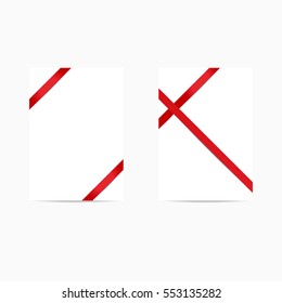 Set of gift cards on white background. Card template with red ribbon and space for text. Vector