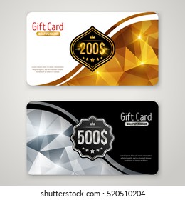 Set von Geschenkkarten mit polygonalem Muster, Etiketten und Curve Border. Urlaubseinladung dekorative Vorlage, Gutscheindesign. Das glühende neue Jahr oder Weihnachtsgeschenk. Bescheinigung für das Einkaufen