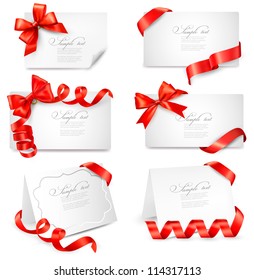 Set of gift cards with red gift bows with ribbons. Vector illustration.