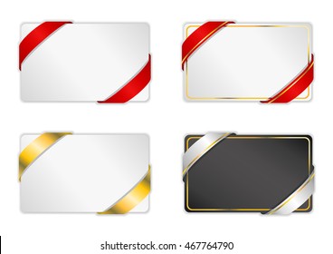 Set of gift cards with red, white and gold ribbons. Vector.
