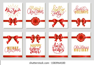 Set of gift cards with ribbon bows and calligraphic inscriptions. New year and merry christmas congratulations on postcards with ornaments and wreath. Celebration of winter holidays. Vector in flat
