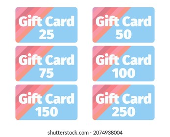 Juego de tarjetas de regalo con diseño a rayas. Plantilla para tarjeta de regalo y descuento, productos de marketing. Cartas en denominaciones: 25, 50, 75, 100, 150, 250. Ilustración del vector