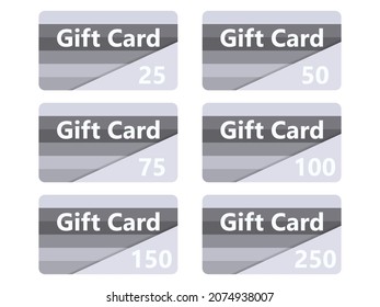 Set of gift cards with striped design. Template for gift and discount card, marketing products. Cards in denominations: 25, 50, 75, 100, 150, 250. Vector illustration