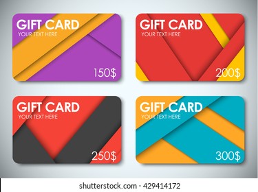 Set of gift cards. the style of the material design with colored sheets of paper floating in the air. Template  on nominal 150, 200, 250 and 300 dollars. Vector illustration.